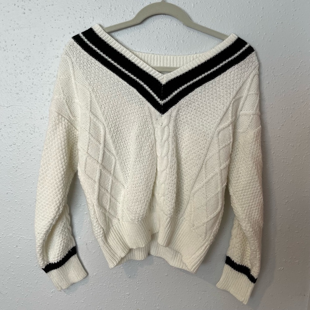 Thrifted cream and black v-neck sweater